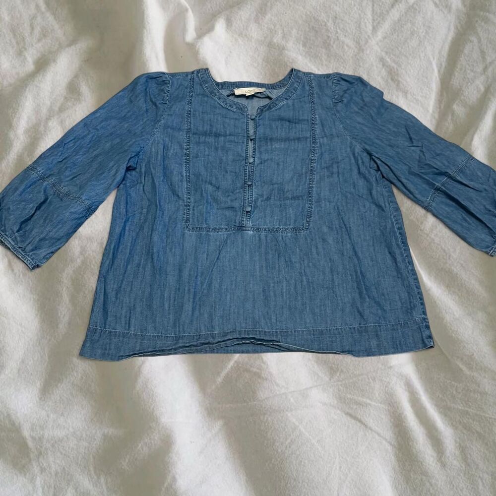 100% Cotton Denim Cottage Minimalist Capsule Travel Blouse Top 3/4 sleeves